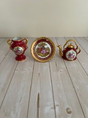 Vintage Limoges France Red Porcelain Set - Romantic Courting Scene Collection